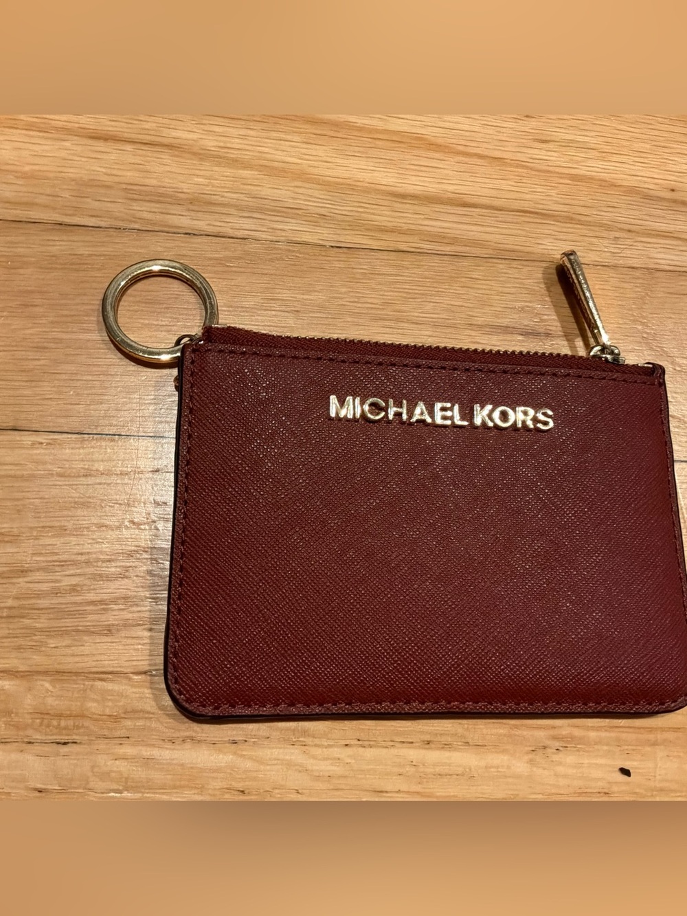 Michael Kors Burgundy Leather Zip Key Card Holder with Gold Hardware